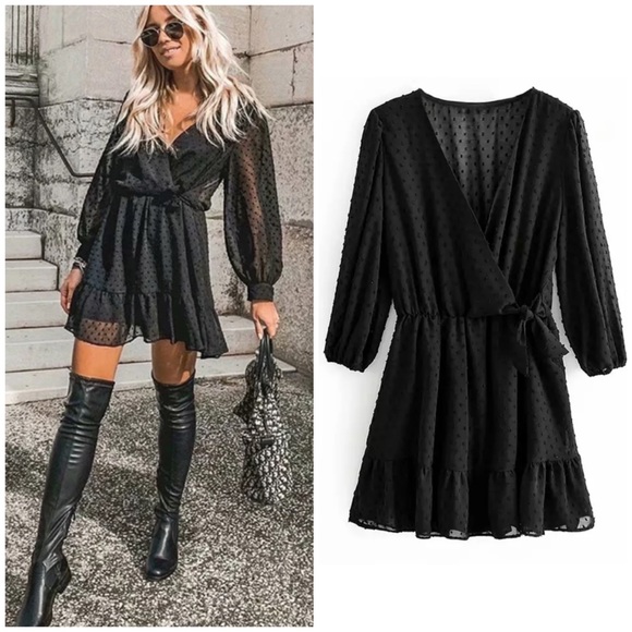 Black SwissDot Side Tie Ruffle Mini Jumpsuit Dress - Picture 2 of 13